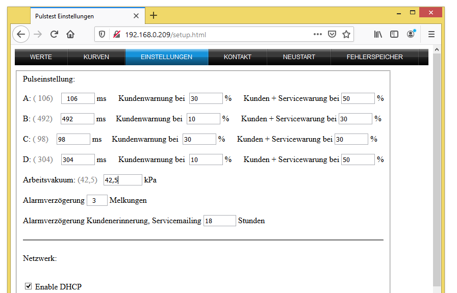 Browseransicht Pulsüberwachung Melkroboter